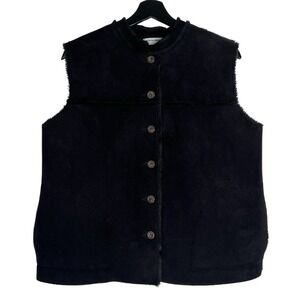 Valerie Stevens Women Black Faux Shearling Button Front Vest Medium Casual Gilet